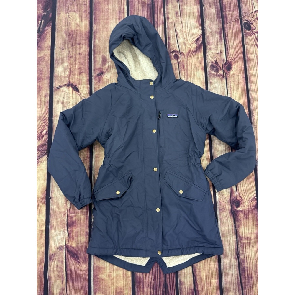 Patagonia Kids  Blue Hooded Zip/Button Parka Jacket Mid-Length Regular Fit L